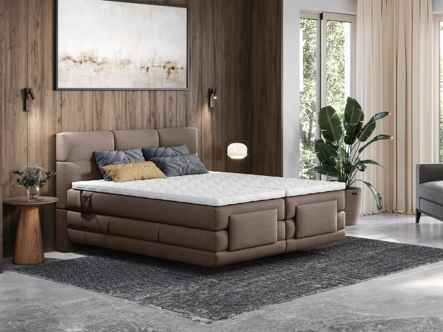 Conjunto completo boxspring con cabecero capitoné + somieres de relajación eléctrica + colchón + topper - 2 x 90 x 200 cm - Tela - Marrón - LODI de PALACIO