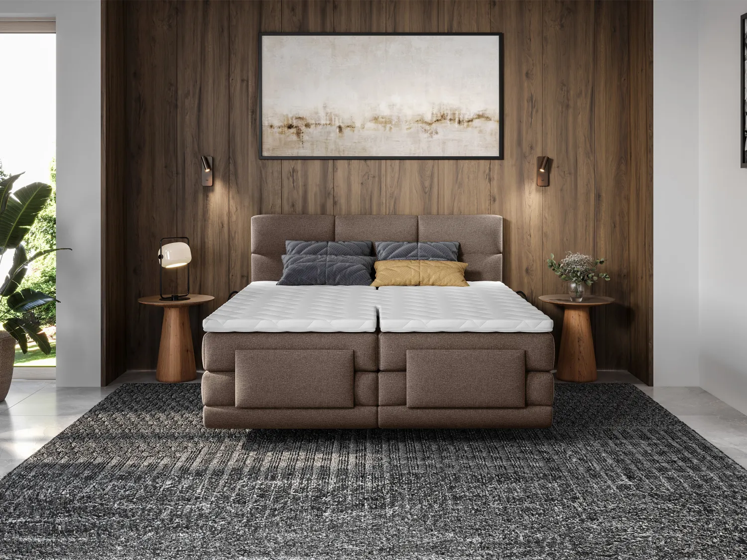 Conjunto completo boxspring con cabecero capitoné + somieres de relajación eléctrica + colchón + topper - 2 x 90 x 200 cm - Tela - Marrón - LODI de PALACIO