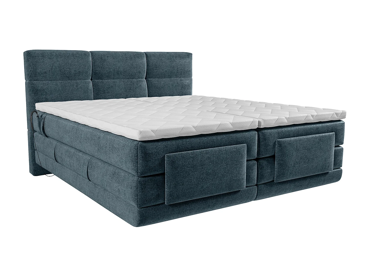 Boxspringbett mit gestepptem Kopfteil + elektrischem Untergestell mit Relaxfunktion + Matratze + Topper - 2 x 80 x 200 cm - Stoff - Blau - LODI von PALACIO