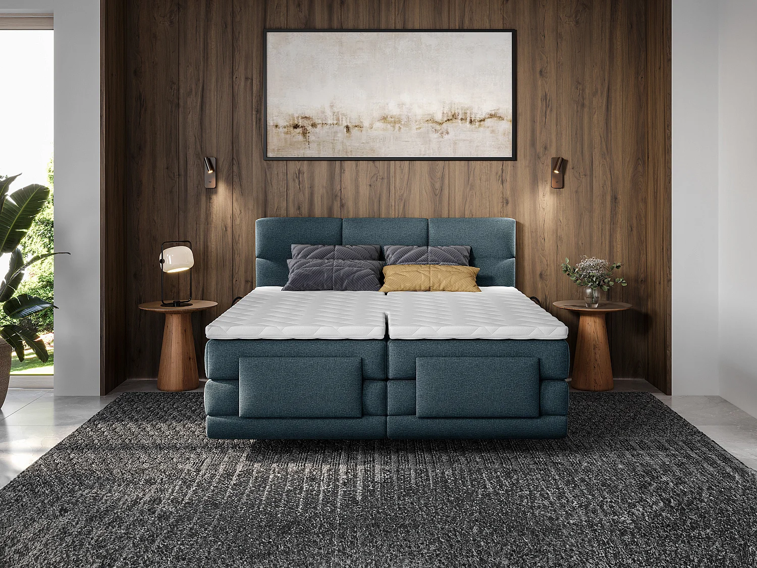 Ensemble complet boxspring tête de lit capitonnée + sommiers relaxation électrique + matelas + surmatelas - 2 x 80 x 200 cm - Tissu - Bleu - LODI de PALACIO