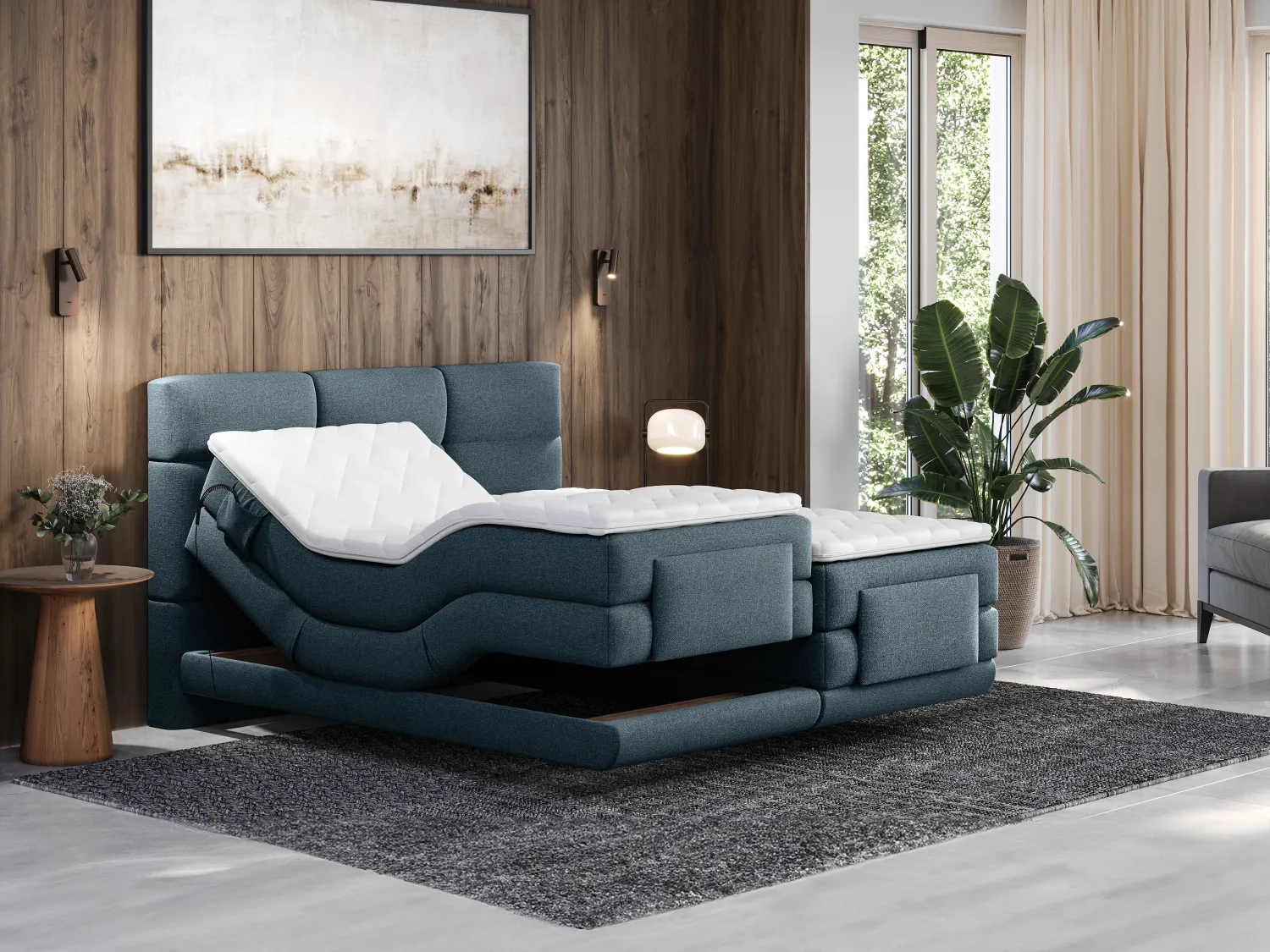 Set boxspringbed met hoofdbord met capitons + elektrische relaxbedbodems + matras + dekmatras - 2 x 80 x 200 cm - Stof - Blauw - LODI van PALACIO