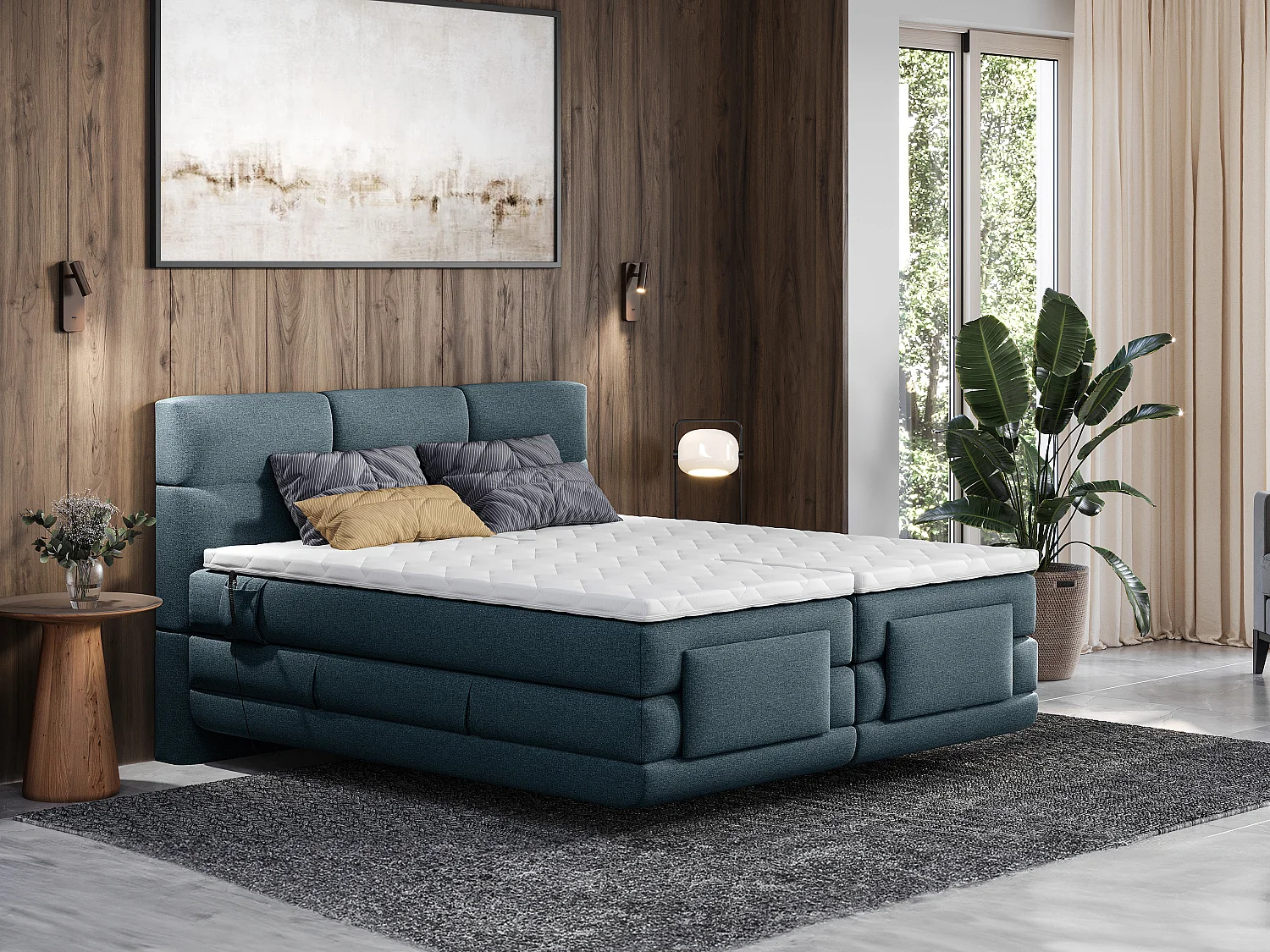 Boxspringbett mit gestepptem Kopfteil + elektrischem Untergestell mit Relaxfunktion + Matratze + Topper - 2 x 80 x 200 cm - Stoff - Blau - LODI von PALACIO