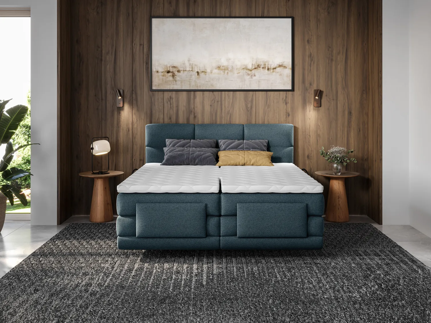 Boxspringbett mit gestepptem Kopfteil + elektrischem Untergestell mit Relaxfunktion + Matratze + Topper - 2 x 90 x 200 cm - Stoff - Blau - LODI von PALACIO