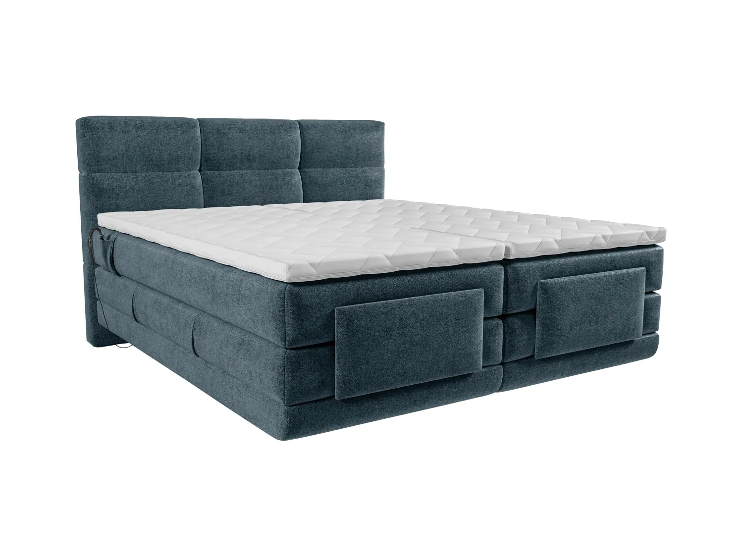 Boxspringbett mit gestepptem Kopfteil + elektrischem Untergestell mit Relaxfunktion + Matratze + Topper - 2 x 90 x 200 cm - Stoff - Blau - LODI von PALACIO