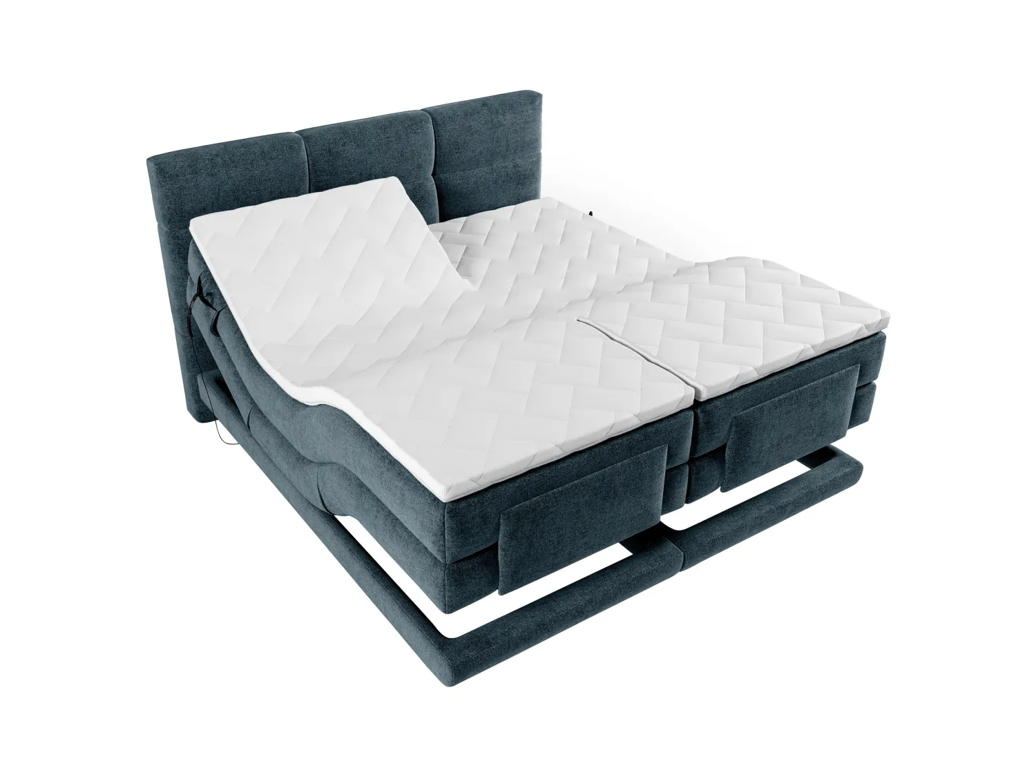 Boxspringbett mit gestepptem Kopfteil + elektrischem Untergestell mit Relaxfunktion + Matratze + Topper - 2 x 90 x 200 cm - Stoff - Blau - LODI von PALACIO