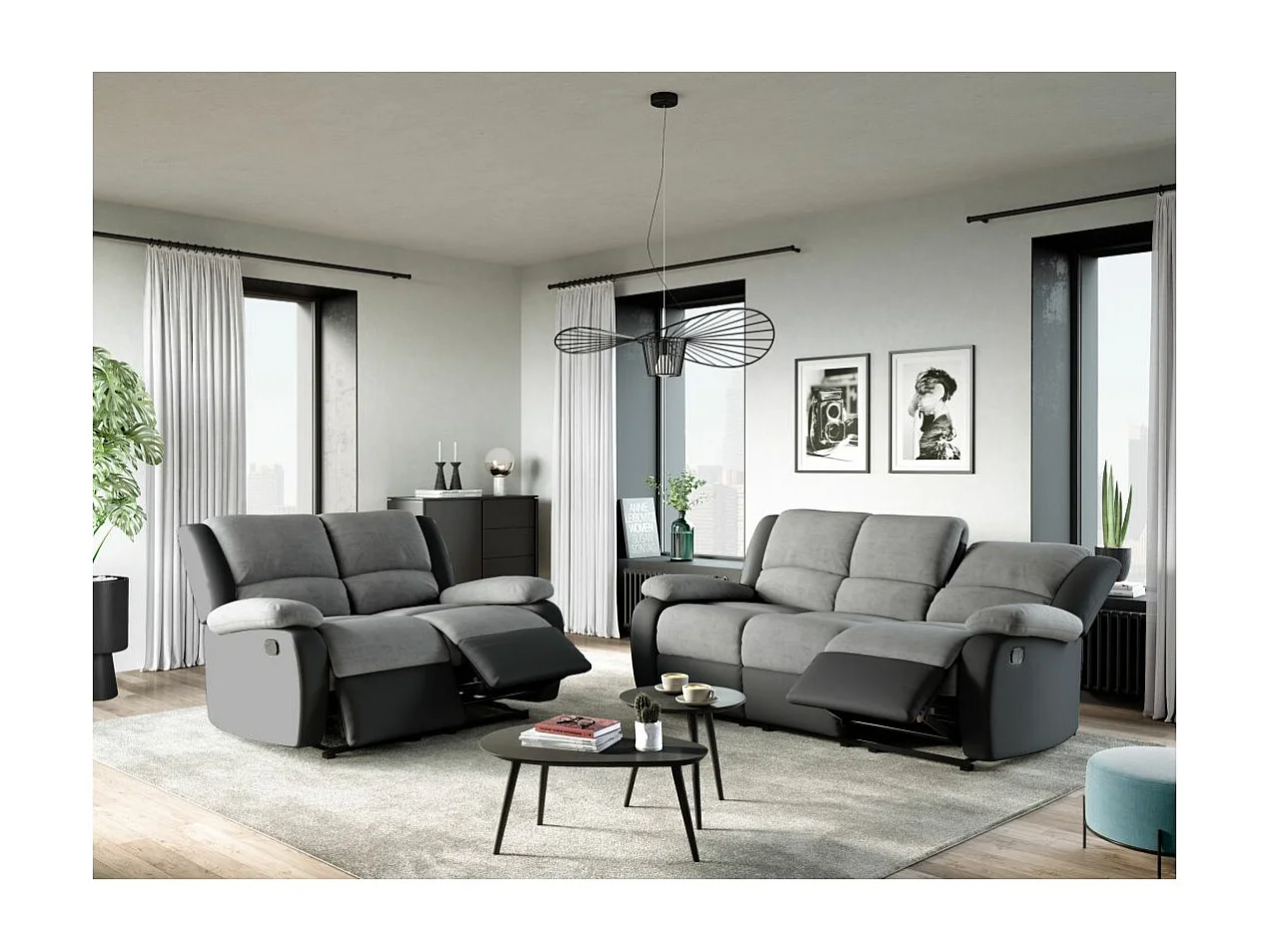 Ensemble de Canapés Relaxation manuel 3 et 2 places Microfibre Grise / Simili Noir Léo - Loungitude