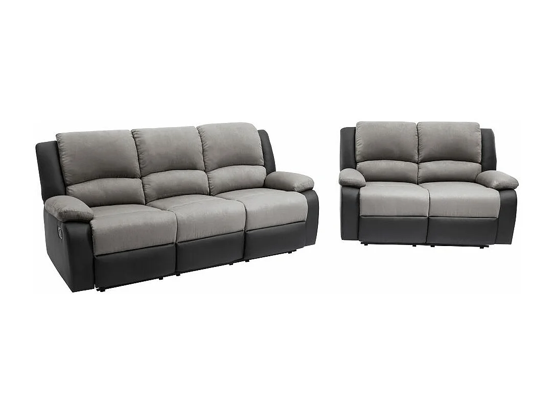 Ensemble de Canapés Relaxation manuel 3 et 2 places Microfibre Grise / Simili Noir Léo - Loungitude