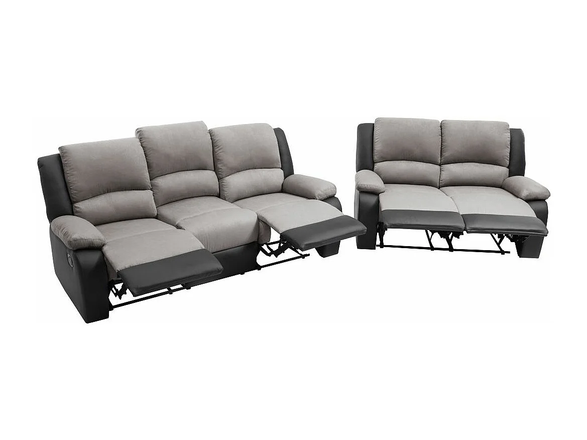 Ensemble de Canapés Relaxation manuel 3 et 2 places Microfibre Grise / Simili Noir Léo - Loungitude