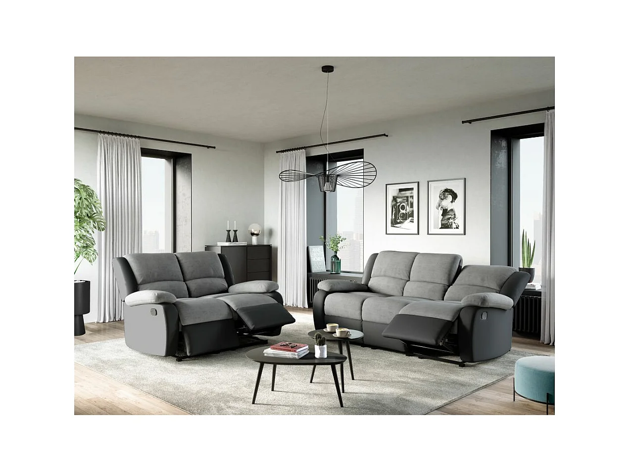 Ensemble de Canapés Relaxation manuel 3 et 2 places Microfibre Grise / Simili Noir Léo - Loungitude