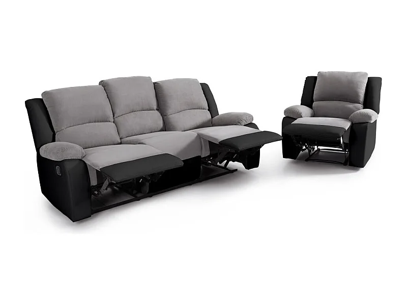 Ensemble de Canapés Relaxation manuel 3 places et 1 place Microfibre Grise / Simili Noir Léo - Loungitude
