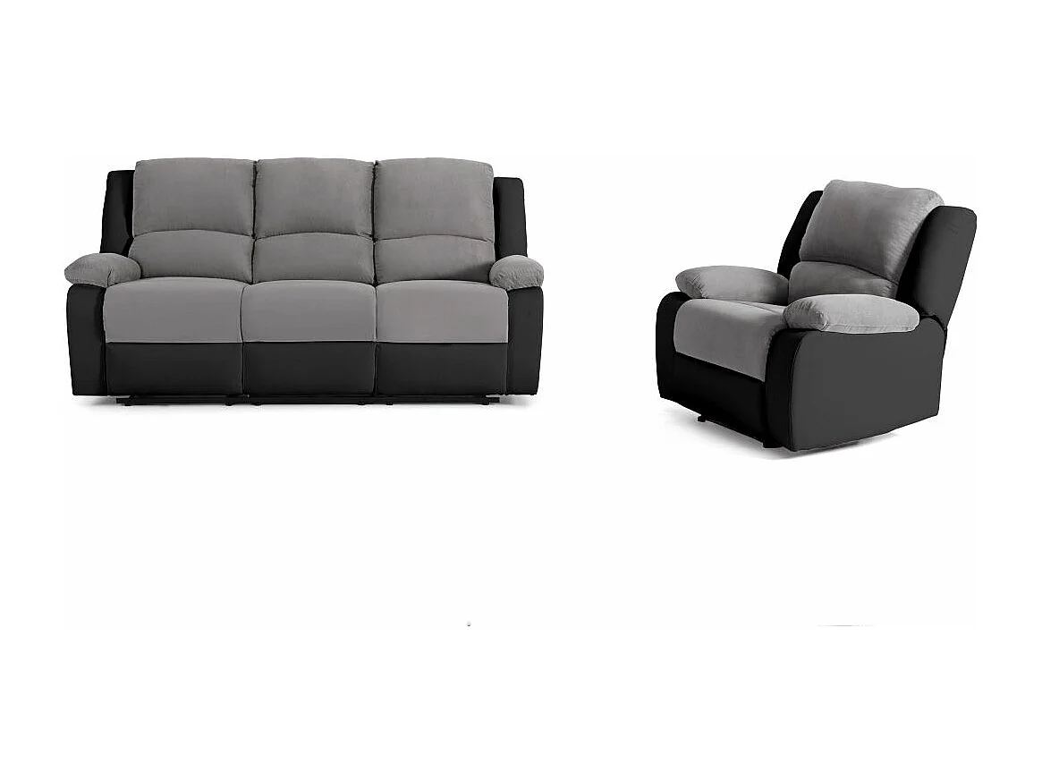 Ensemble de Canapés Relaxation manuel 3 places et 1 place Microfibre Grise / Simili Noir Léo - Loungitude