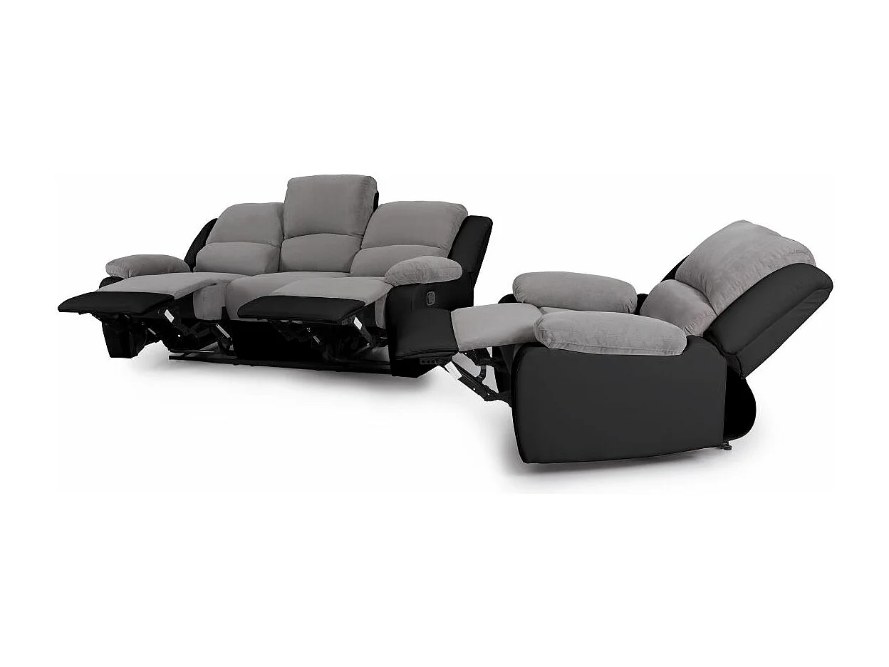 Ensemble de Canapés Relaxation manuel 3 places et 1 place Microfibre Grise / Simili Noir Léo - Loungitude