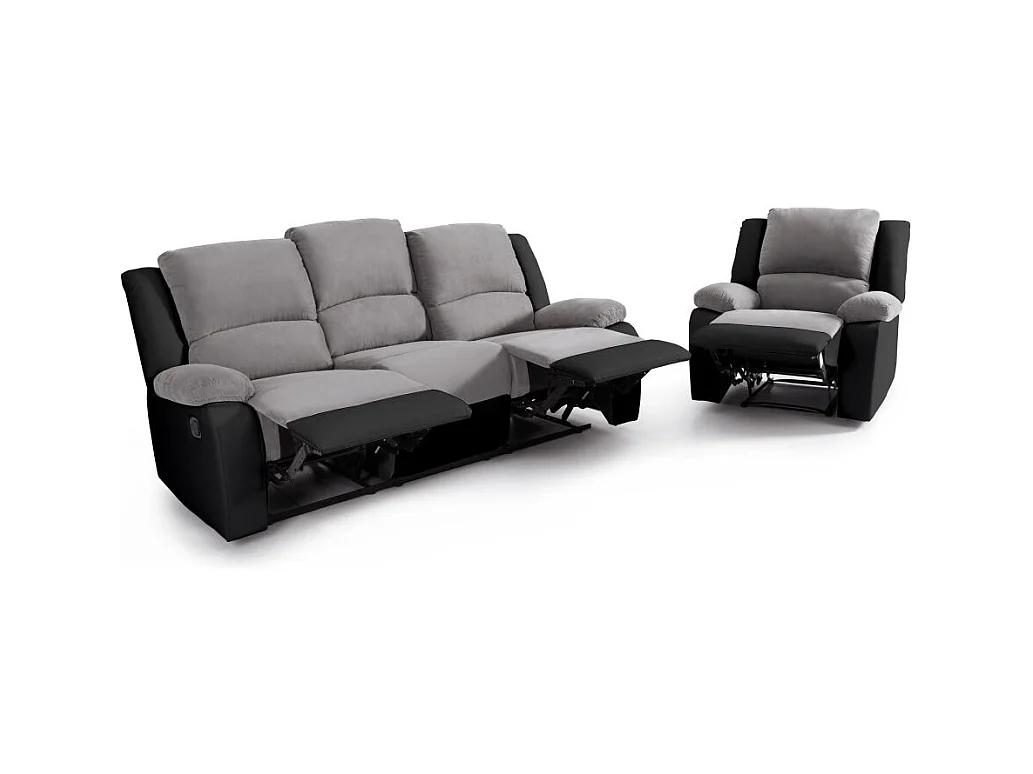 Ensemble de Canapés Relaxation manuel 3 places et 1 place Microfibre Grise / Simili Noir Léo - Loungitude