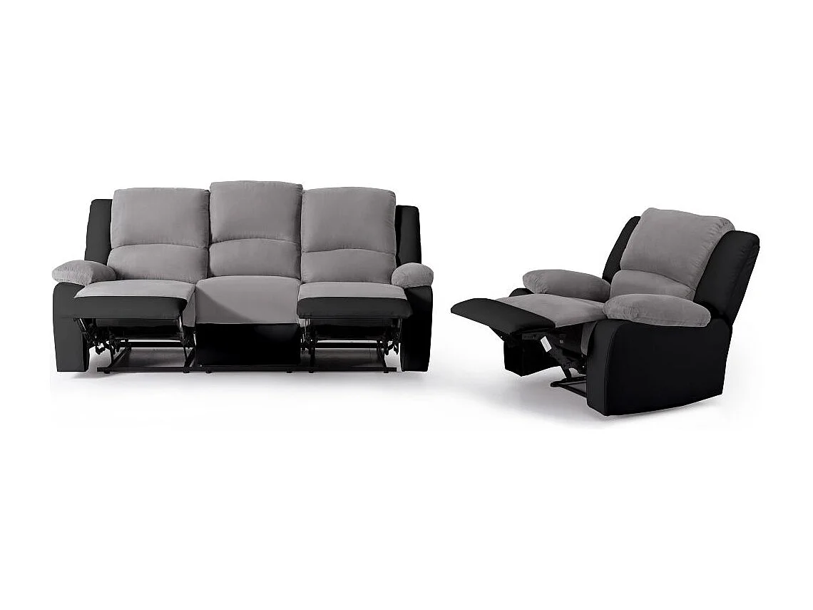 Ensemble de Canapés Relaxation manuel 3 places et 1 place Microfibre Grise / Simili Noir Léo - Loungitude