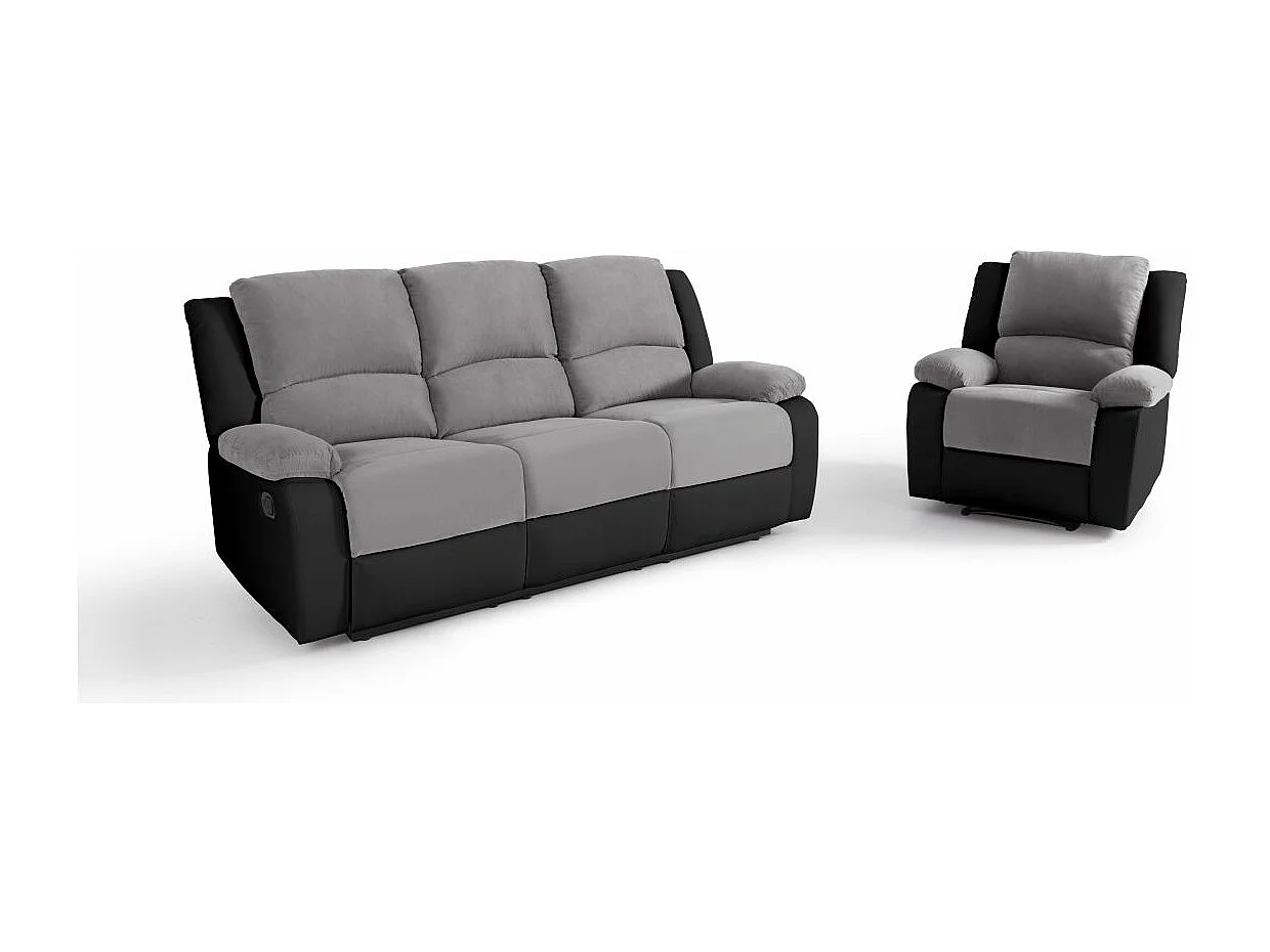 Ensemble de Canapés Relaxation manuel 3 places et 1 place Microfibre Grise / Simili Noir Léo - Loungitude