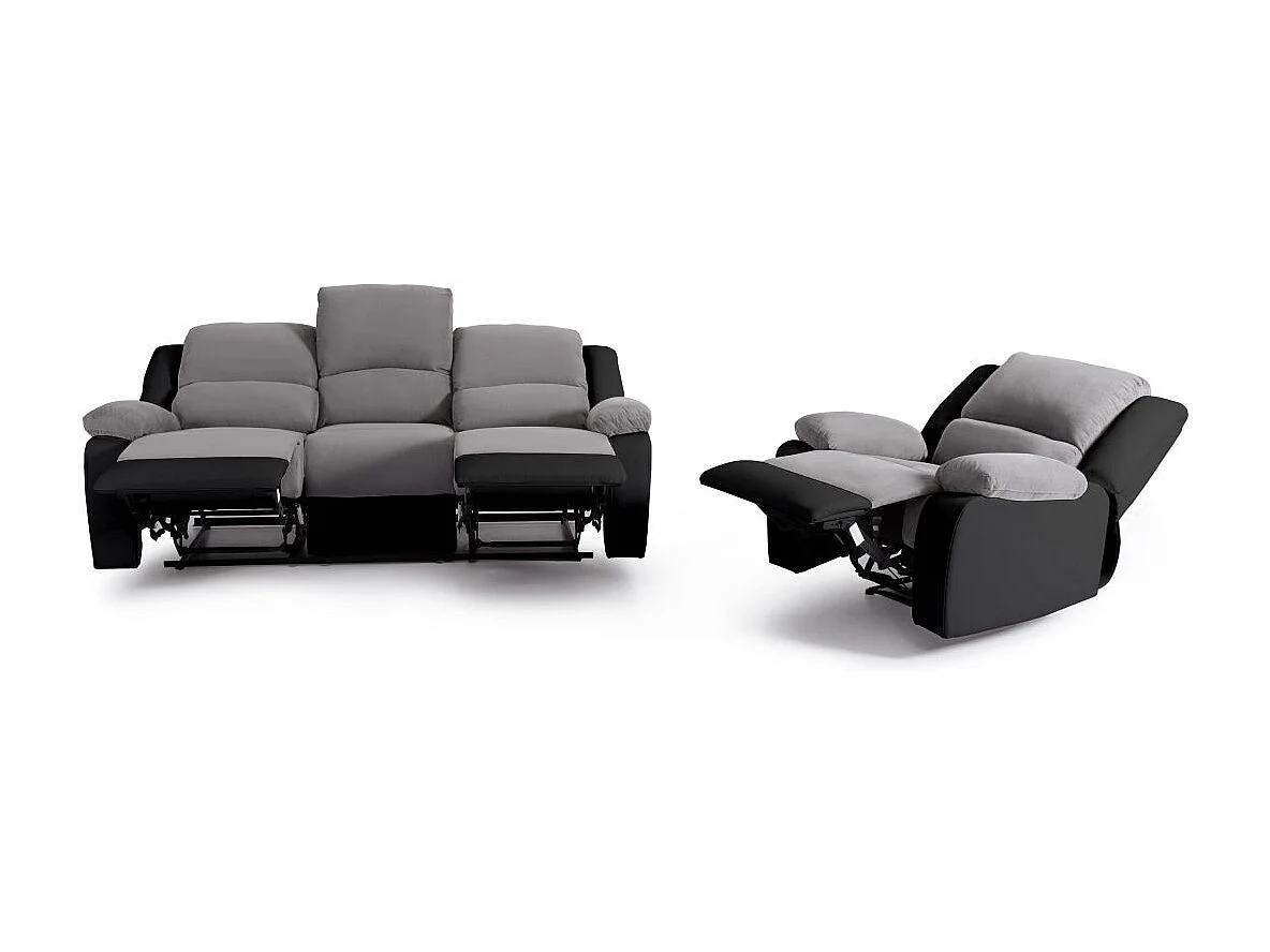 Ensemble de Canapés Relaxation manuel 3 places et 1 place Microfibre Grise / Simili Noir Léo - Loungitude