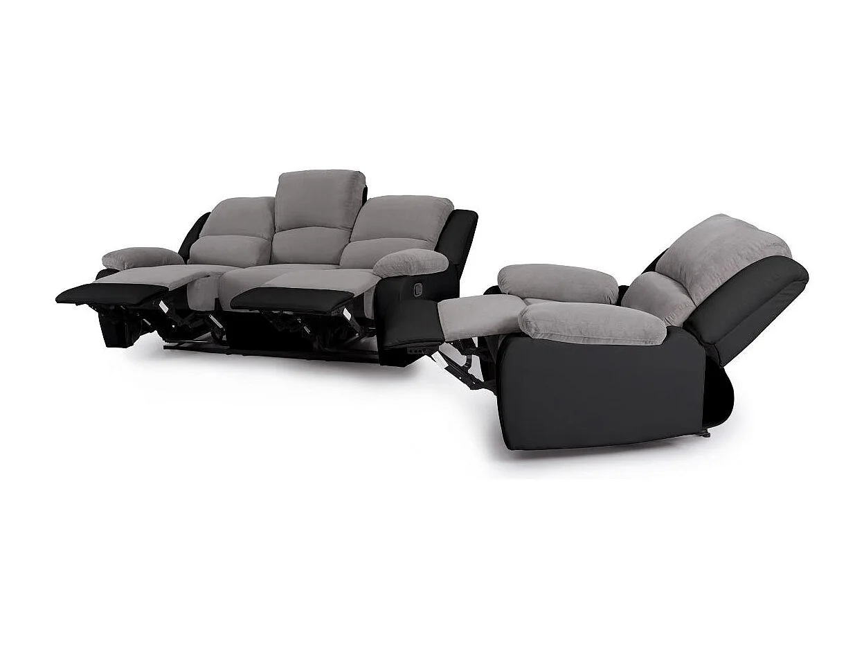 Ensemble de Canapés Relaxation manuel 3 places et 1 place Microfibre Grise / Simili Noir Léo - Loungitude