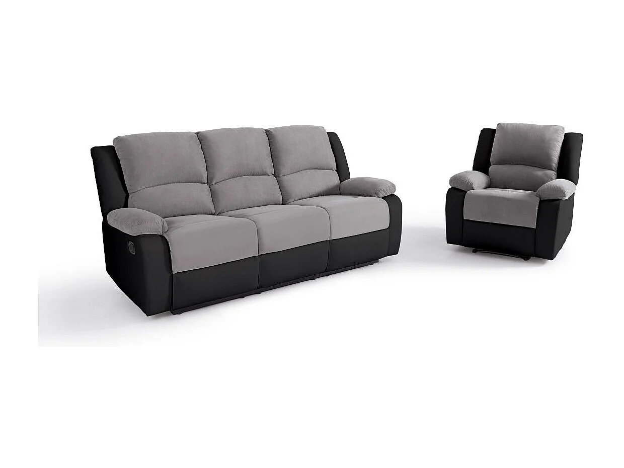 Ensemble de Canapés Relaxation manuel 3 places et 1 place Microfibre Grise / Simili Noir Léo - Loungitude