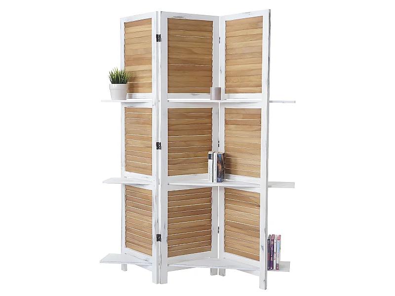 Paravento divisore separe con ripiani Yvelines T752 3 pannelli legno paulonia naturale bianco