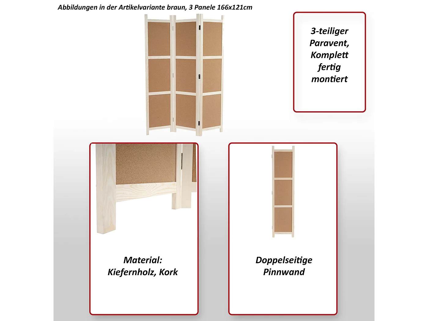 Paravent MCW-G52,  marron, 166x121cm, 3 pans