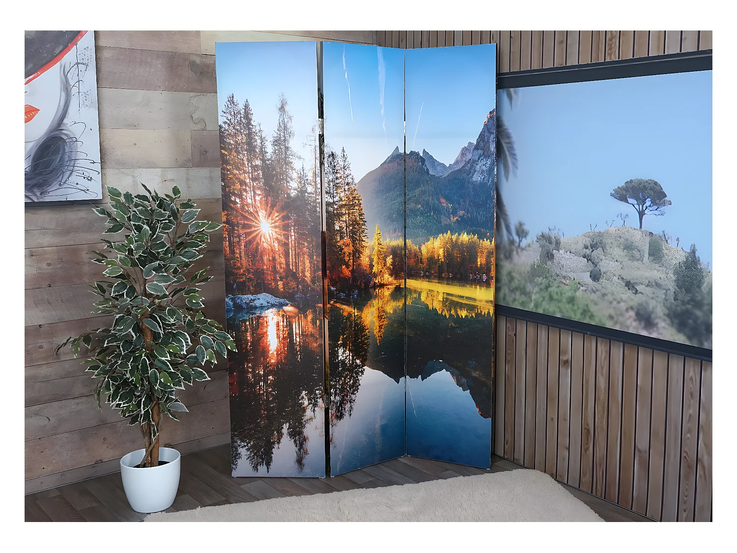 Paravento divisore doppia immagine fonoassorbente MCW-L55 MDF 3 pannelli 122x180cm lago foresta