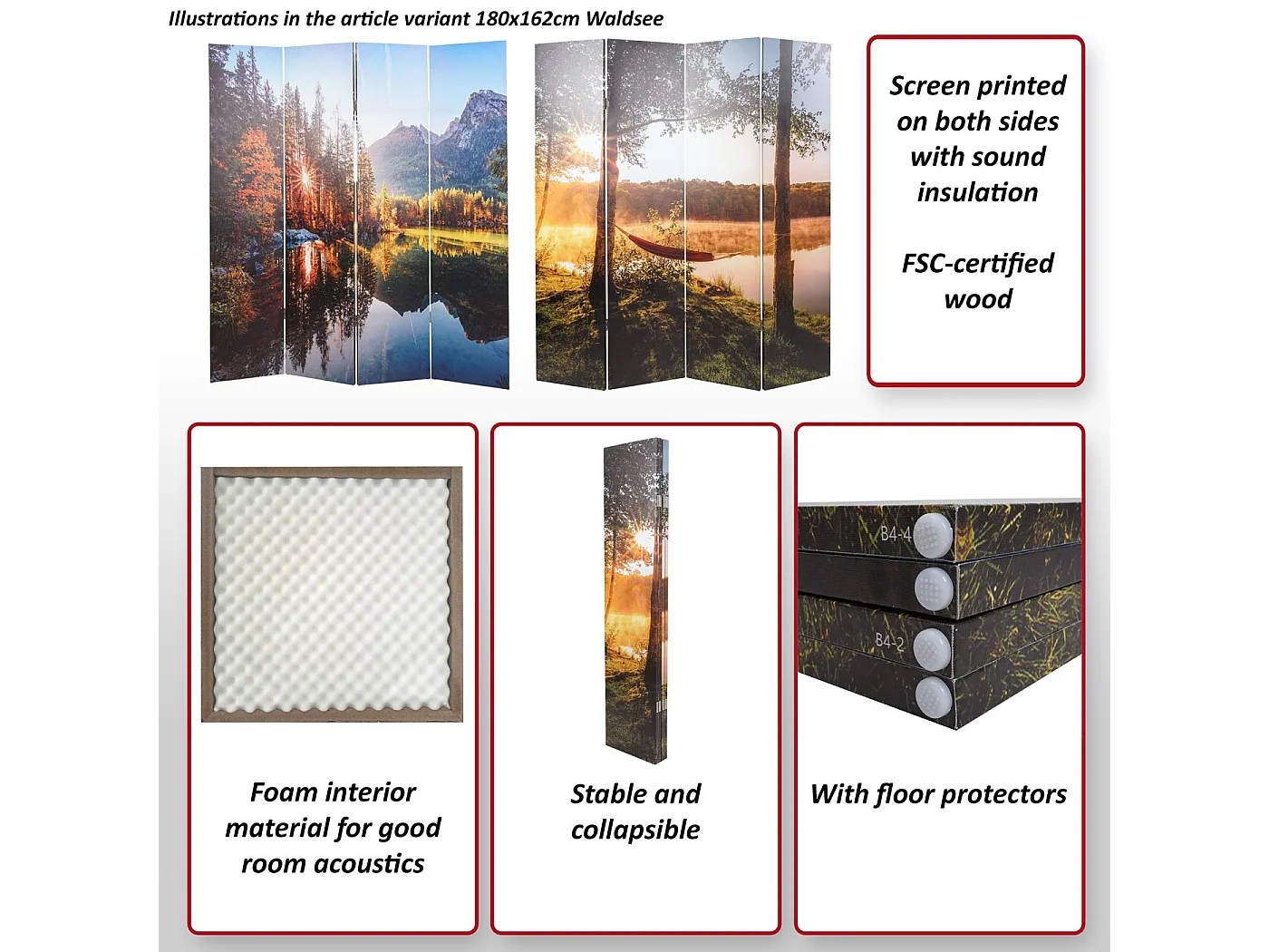 Foto-Paravent mit Schallschutz MCW-L55, 180x122cm Waldsee