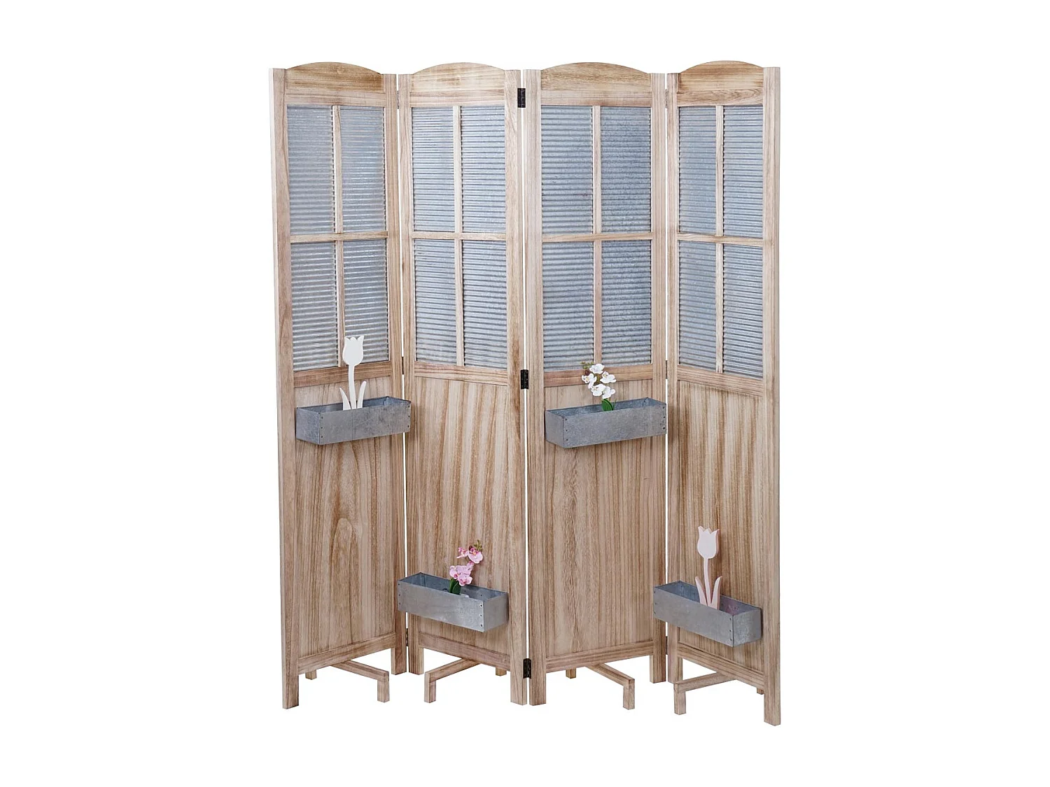 Paravent MCW-D26 Pflanzkörbe, Raumteiler Trennwand spanische Wand Sichtschutz, Holz Metall 170x161x29cm