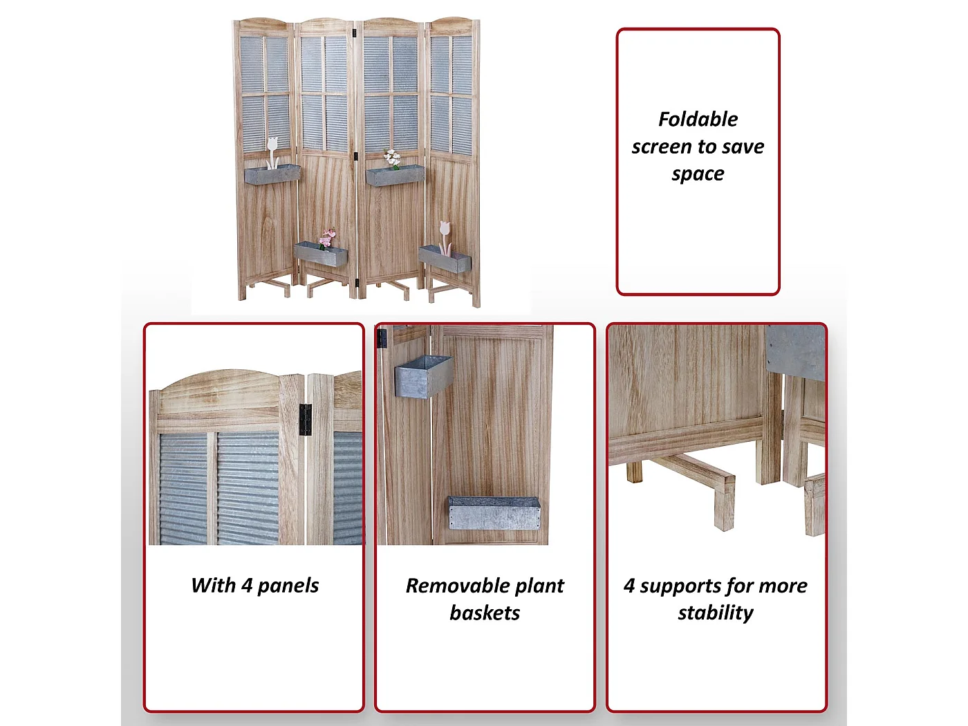 Paravent MCW-D26 Pflanzkörbe, Raumteiler Trennwand spanische Wand Sichtschutz, Holz Metall 170x161x29cm