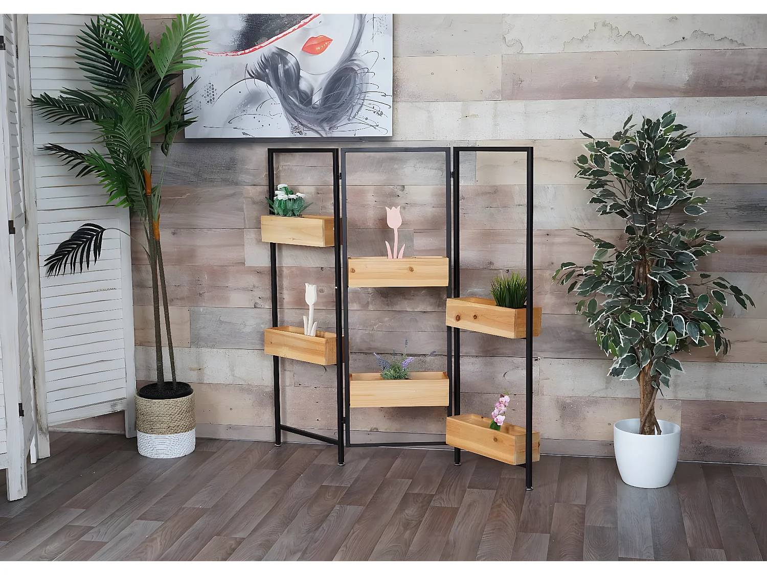 Ruimteverdeler met plantenbak MCW-L32,  frame zwart, natuurlijke kleur