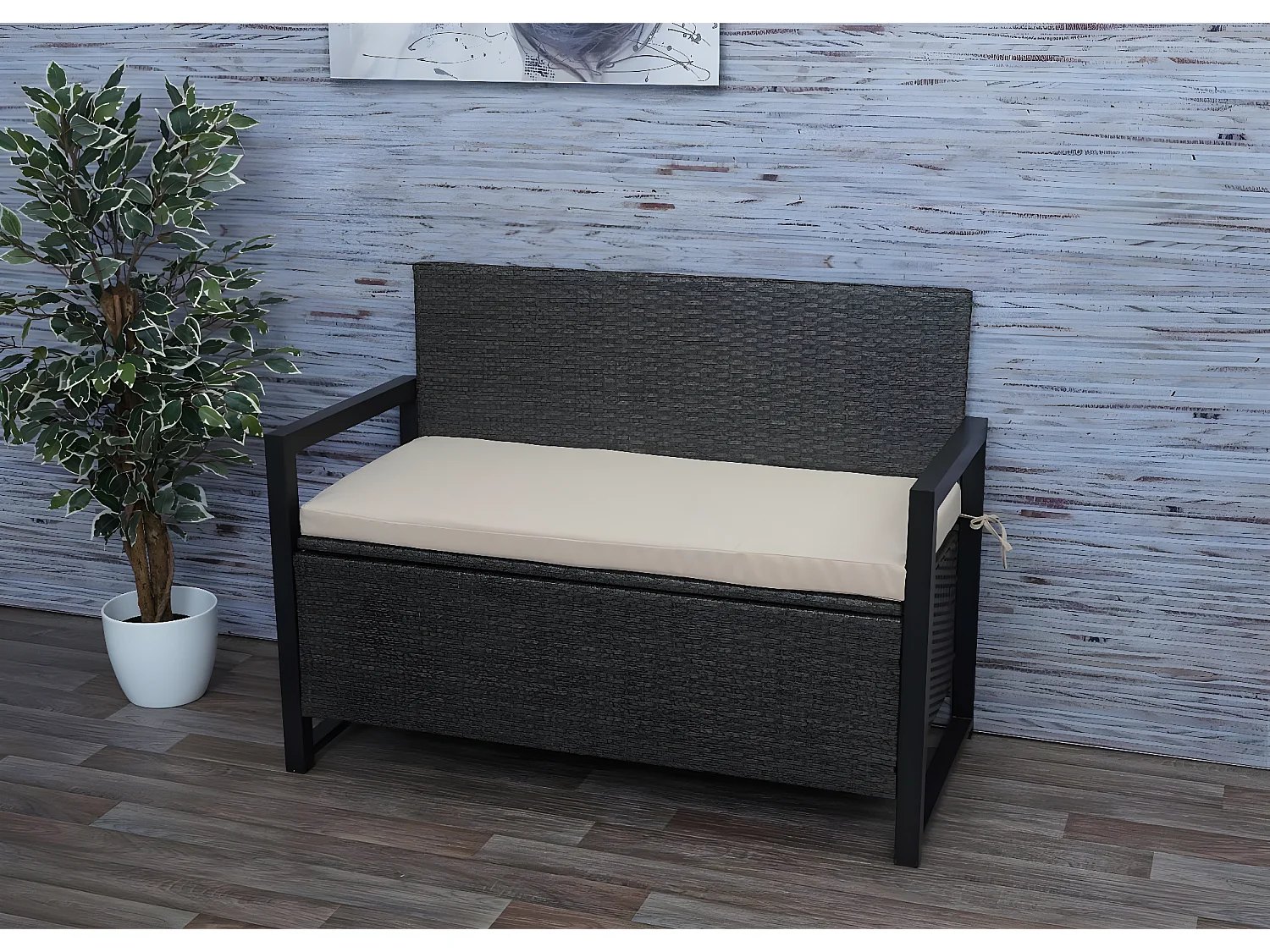 Poly-Rattan 2er Sitzbank MCW-F39, Grau, Kissen beige