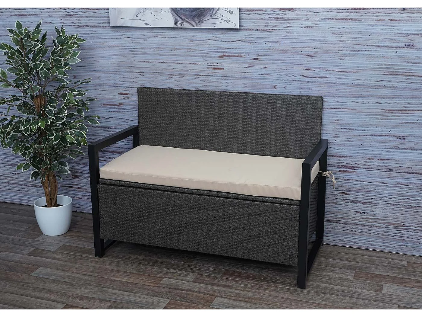 Poly-Rattan Banc 2 places MCW-F39,  gris, coussins beige