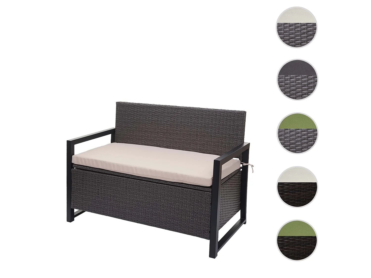 Poly-Rattan Banc 2 places MCW-F39,  gris, coussins beige