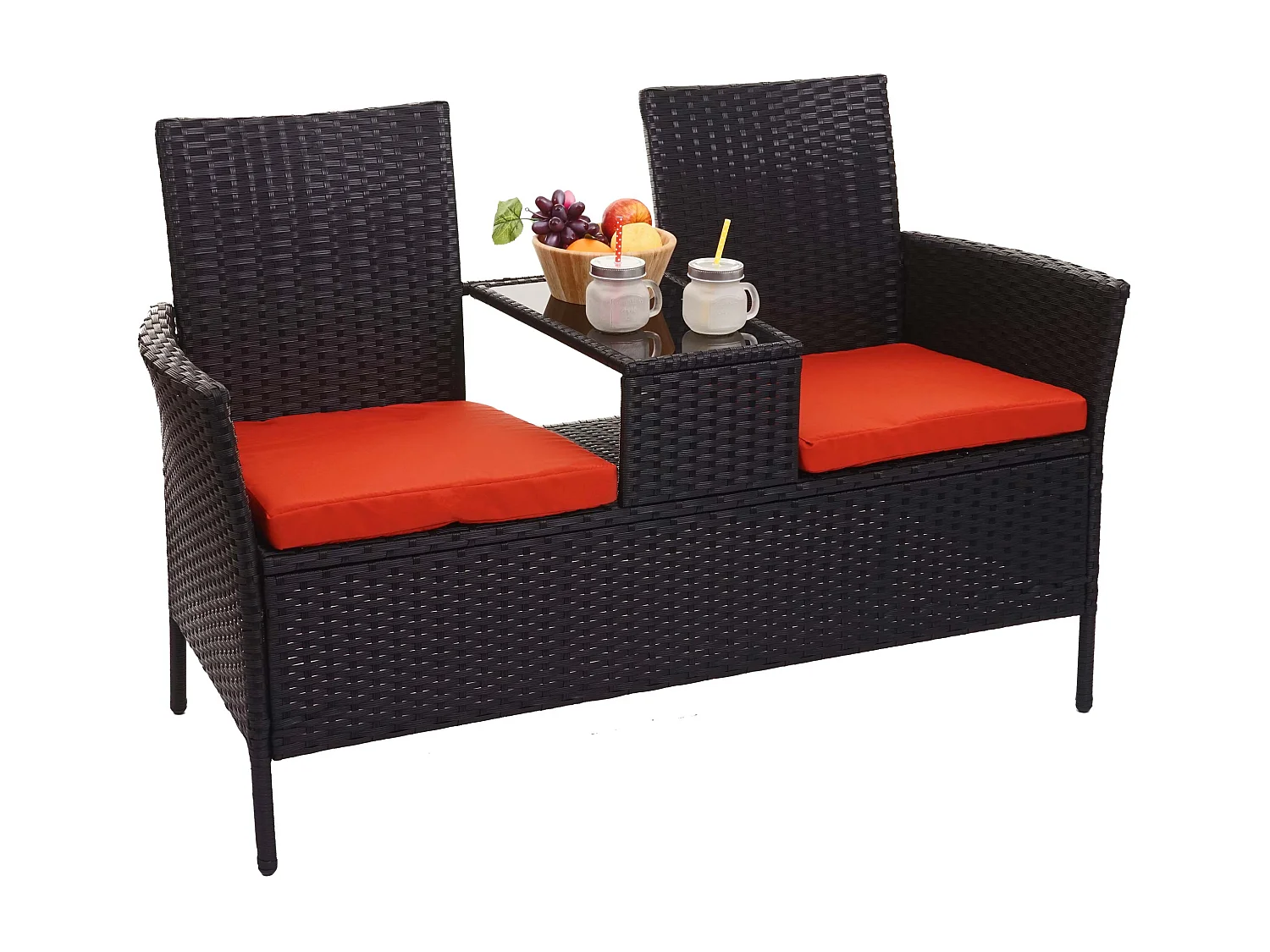 Poly-Rattan Sitzbank mit Tisch MCW-E24, Schwarz, Kissen terracotta