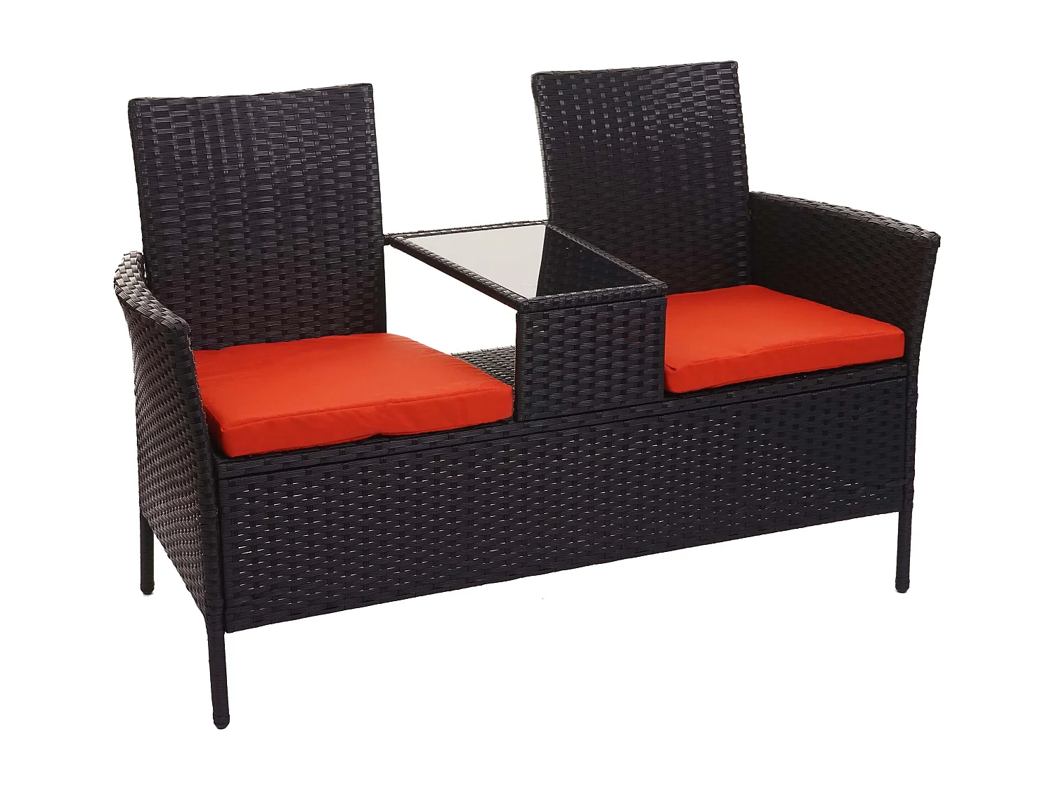 Poly-Rattan Sitzbank mit Tisch MCW-E24, Schwarz, Kissen terracotta