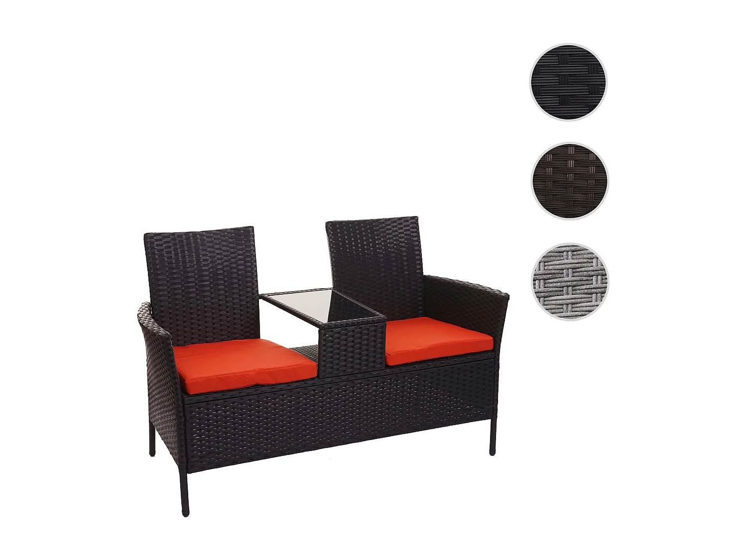Poly-rattan bank met tafel MCW-E24,  zwart, terracotta kussens