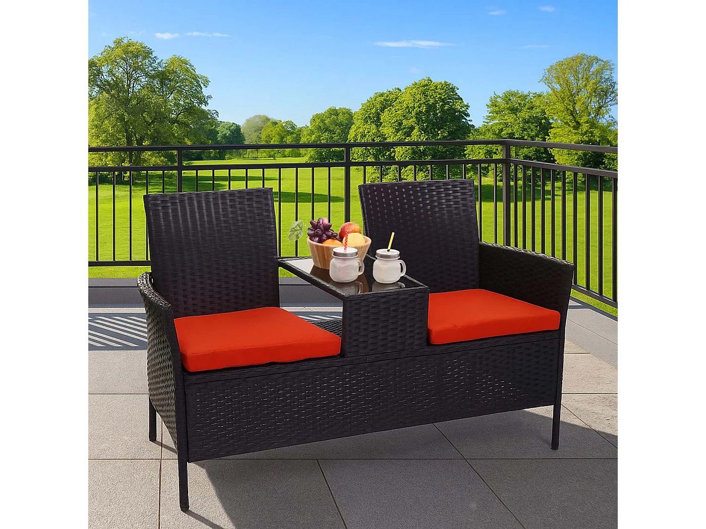 Poly-rattan bank met tafel MCW-E24,  zwart, terracotta kussens