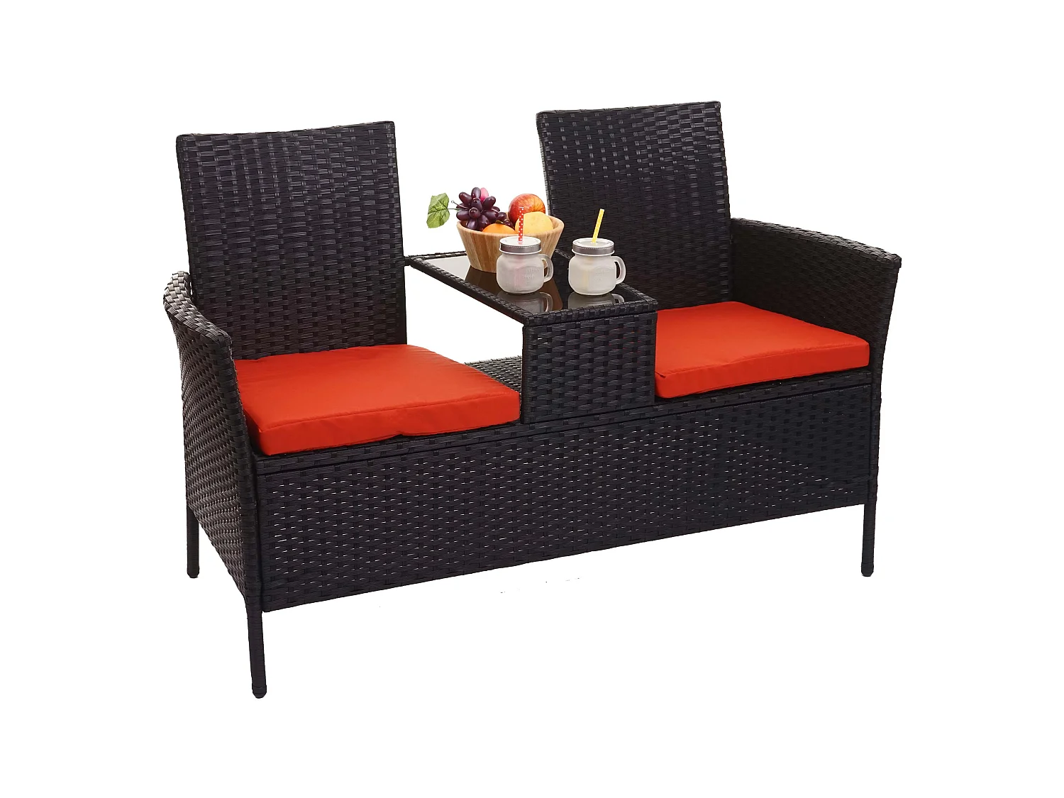 Ławka z polirattanowa MCW-E24,  czarna, poduszki w kolorze terakoty