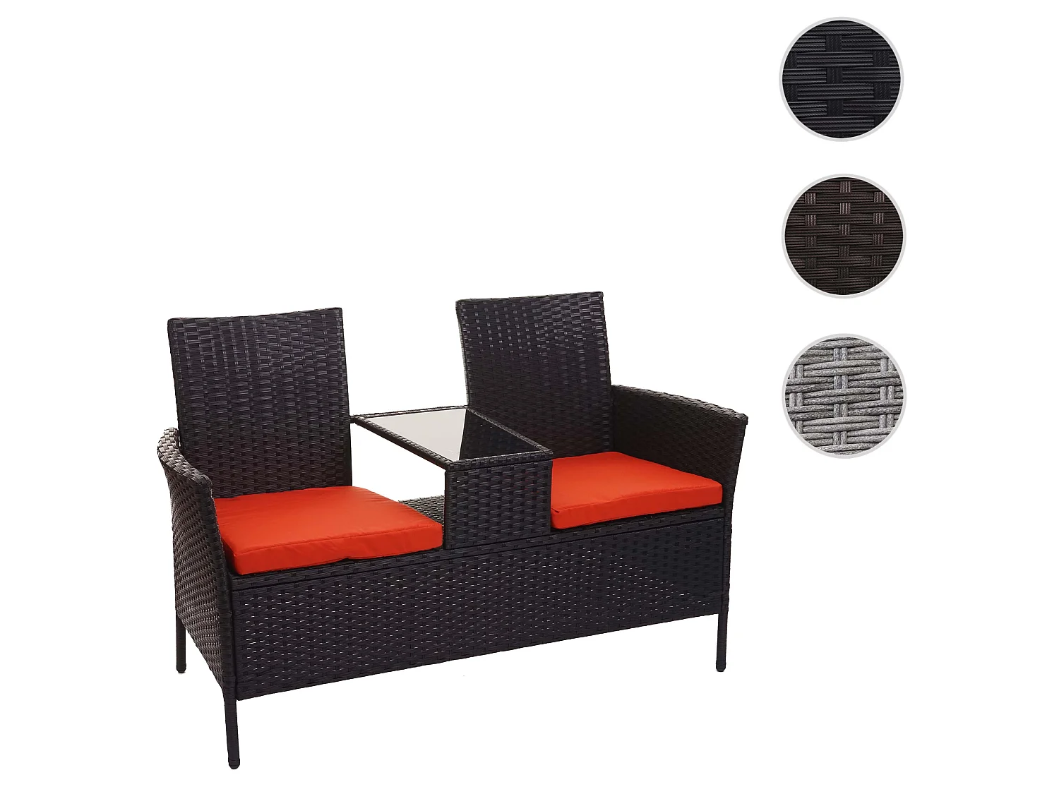 Ławka z polirattanowa MCW-E24,  czarna, poduszki w kolorze terakoty