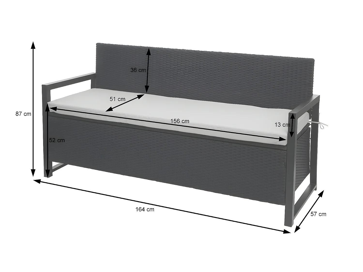 Poly-Rattan Banc 3 places MCW-F39,  anthracite, coussin vert