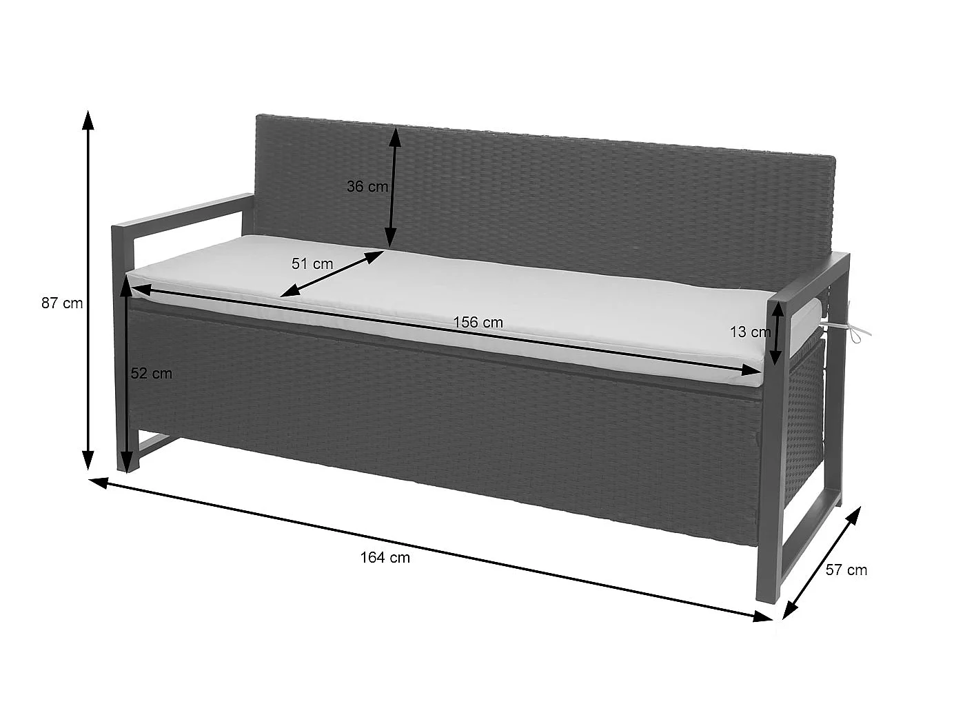 Polyrotan driezitsbank MCW-F39,  antraciet, kussens groen