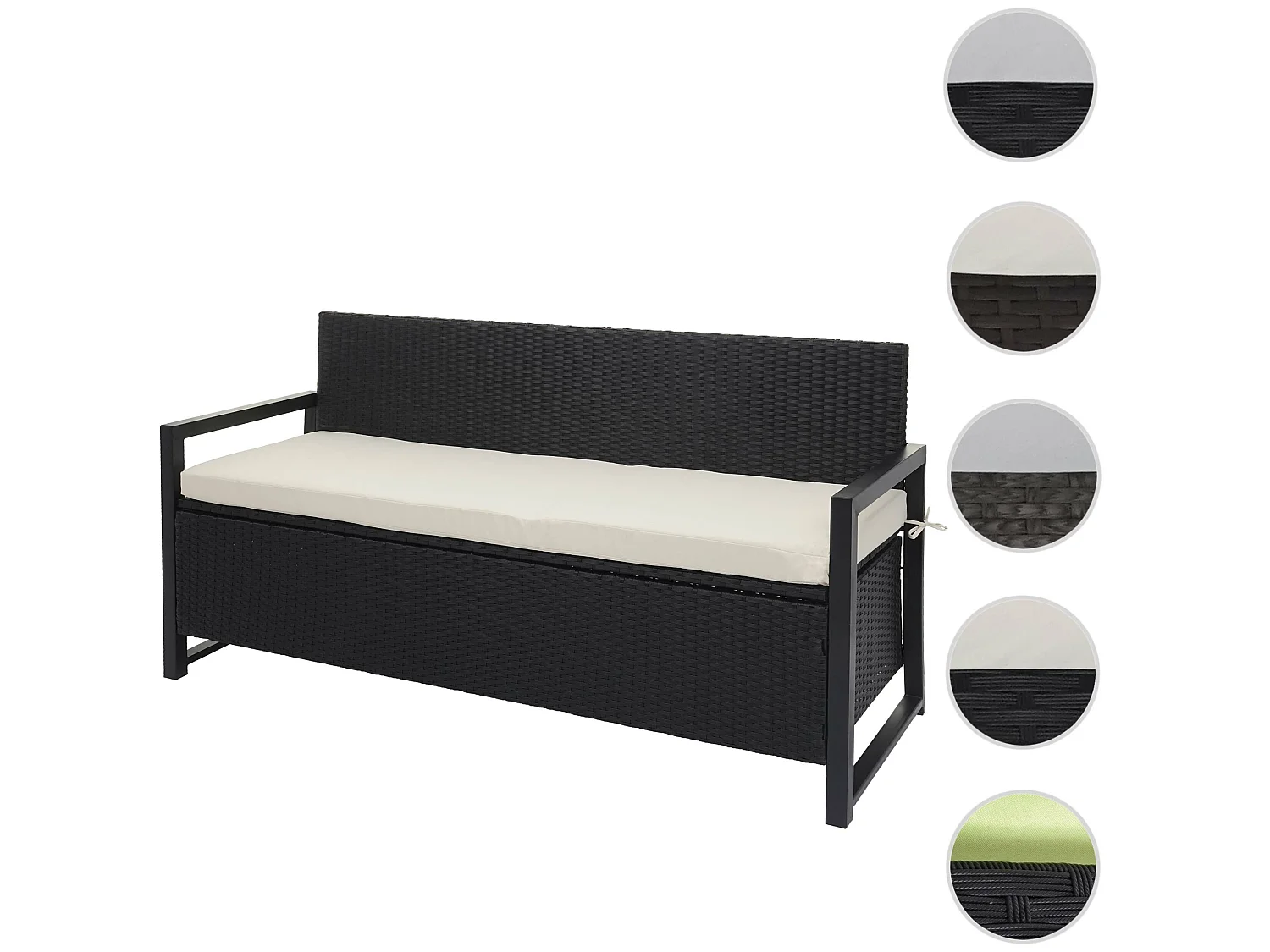 Banco de 3 plazas de polirratán MCW-F39,  antracita, cojines crema