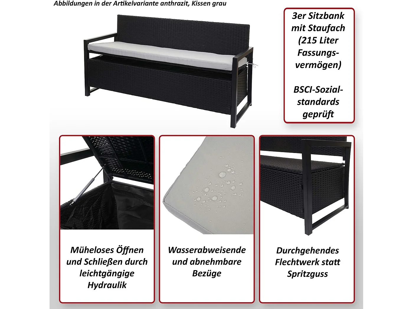 Banco de 3 plazas de polirratán MCW-F39,  antracita, cojines crema