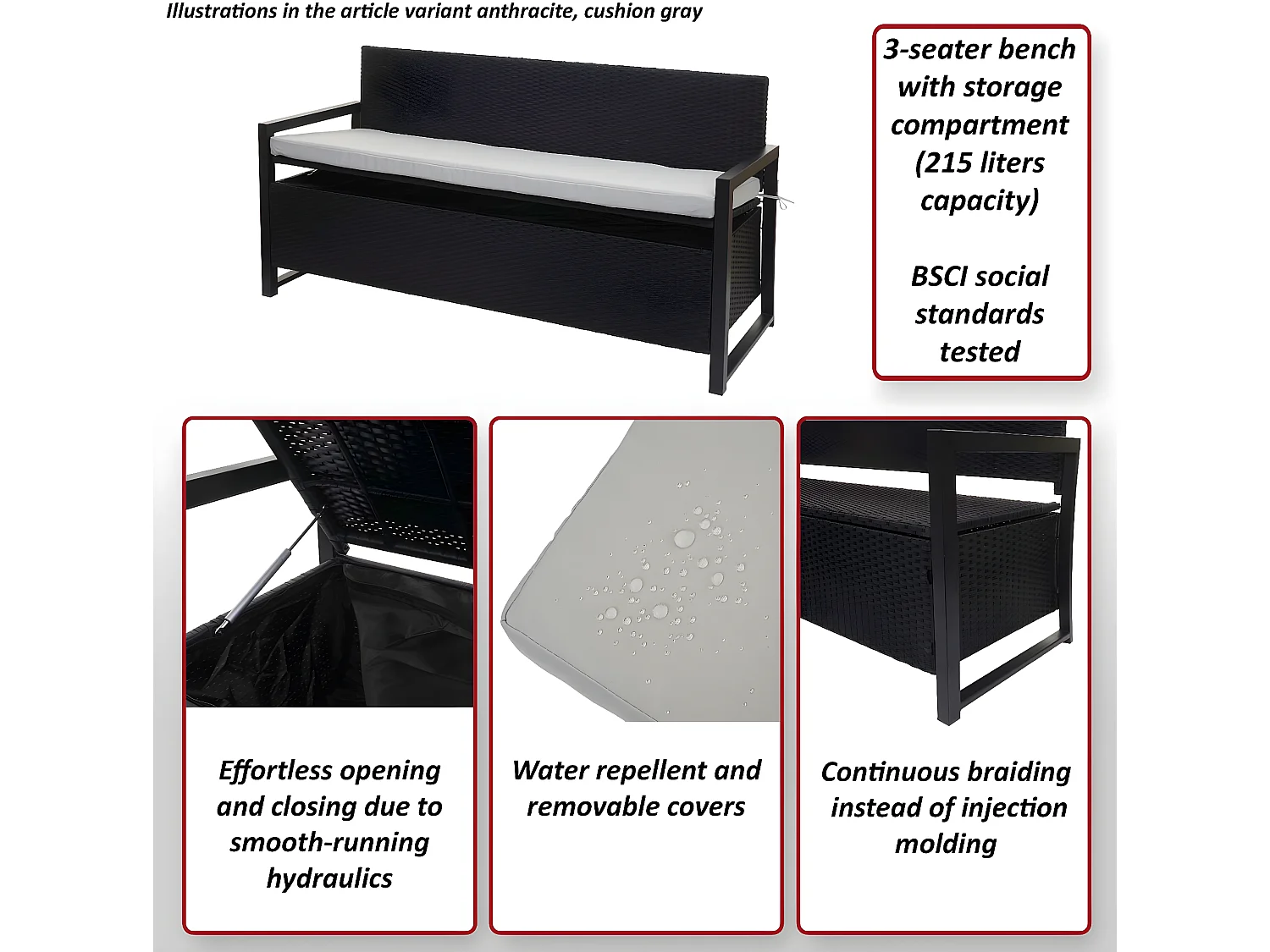 Banco de 3 plazas de polirratán MCW-F39,  antracita, cojines crema