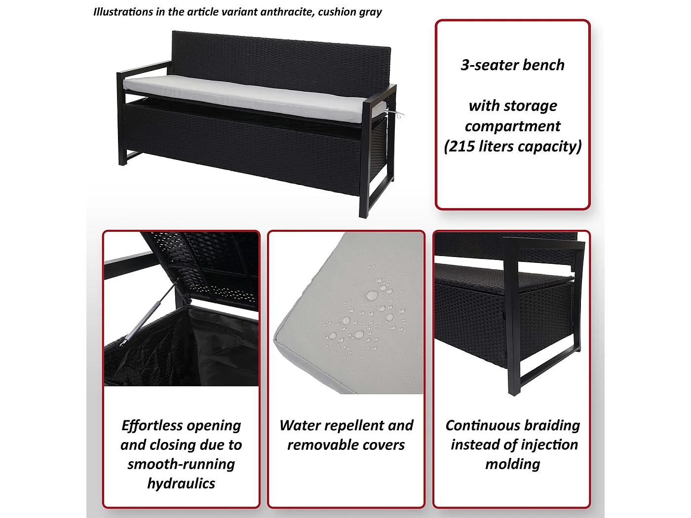 Poly-Rattan 3er Sitzbank MCW-F39, Anthrazit, Kissen creme