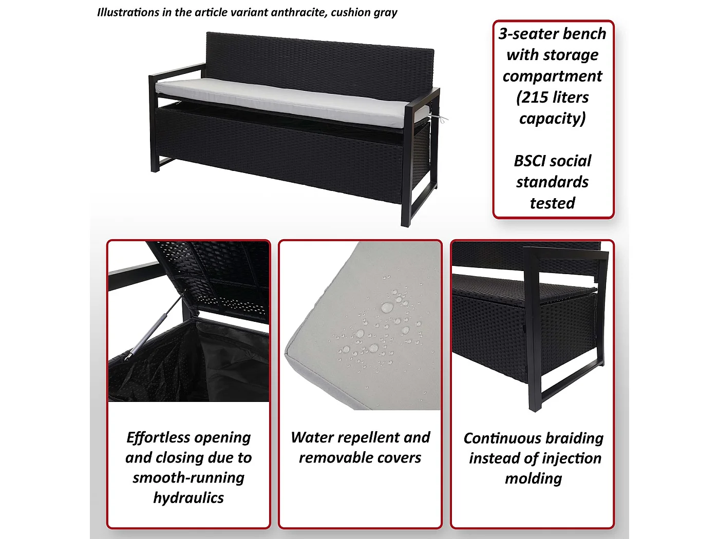 Poly-Rattan 3er Sitzbank MCW-F39, Anthrazit, Kissen creme