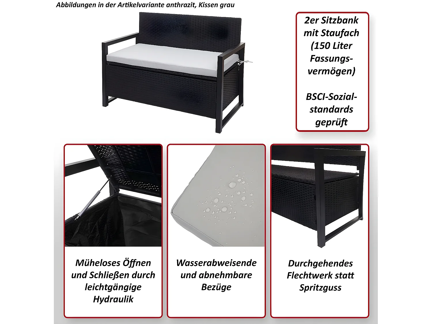 Poly-Rattan Banc 2 places MCW-F39,  anthracite, coussins beige