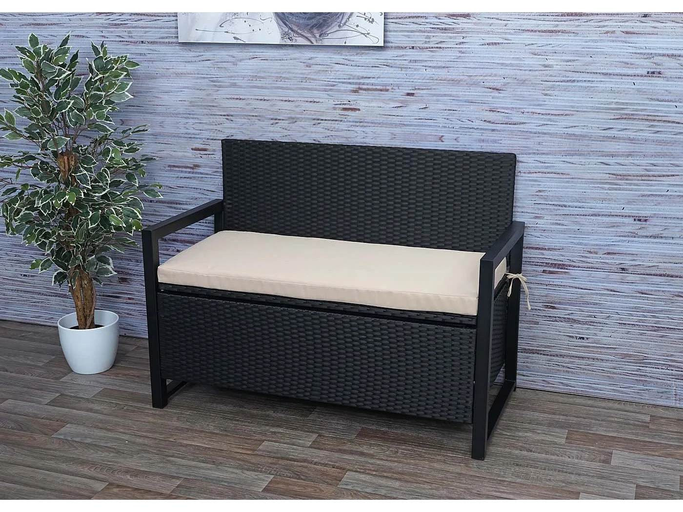 Ławka 2-osobowa z polirattanu MCW-F39,  antracyt, poduszki beżowe