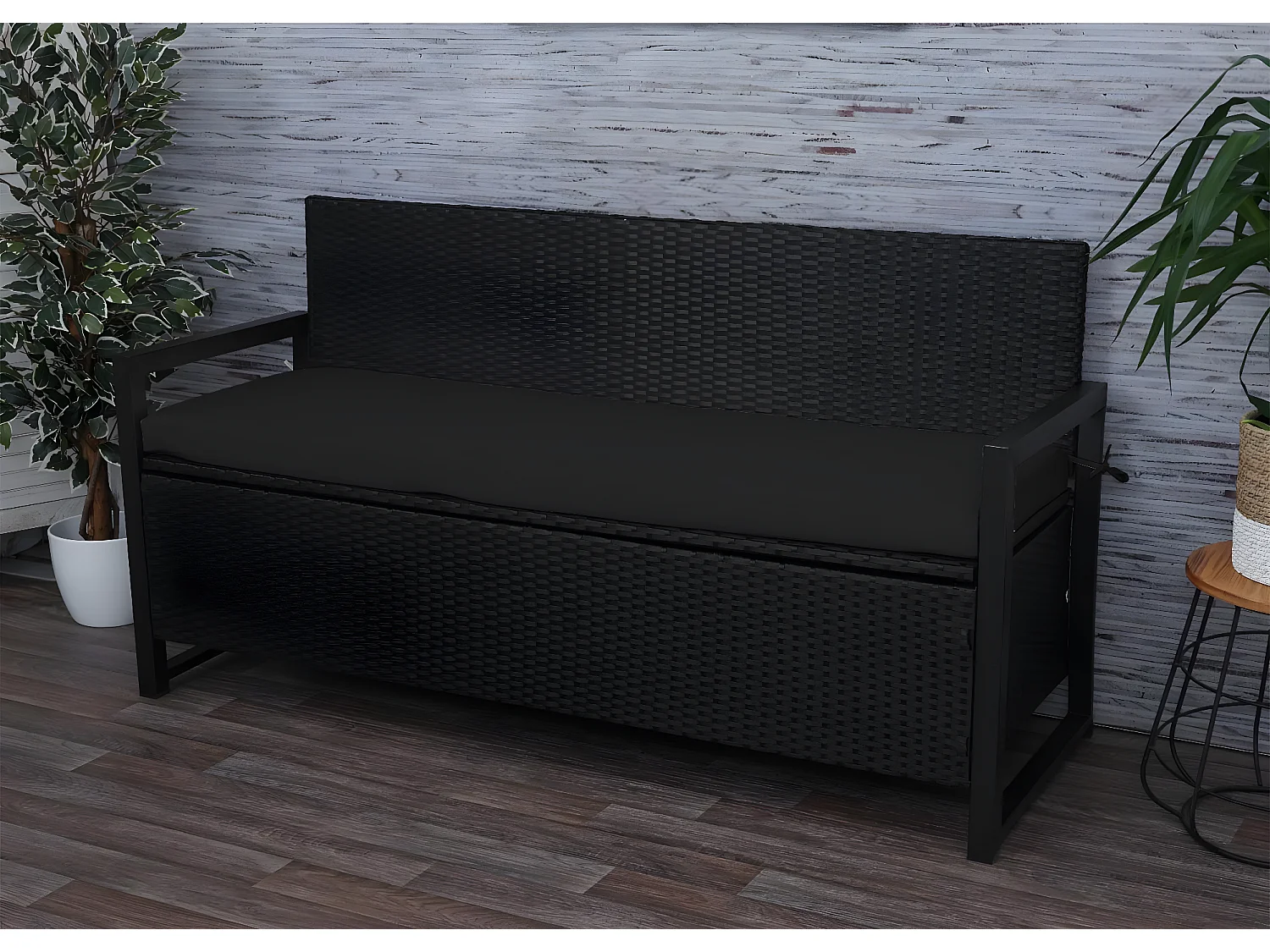 Ławka 3-osobowa z polirattanu MCW-F39,  antracyt, poduszki czarne