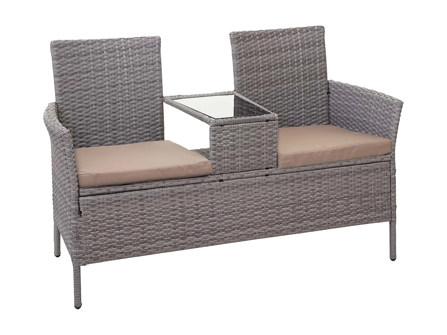 Banco de polirratán con mesa MCW-E24,  gris, cojines crema