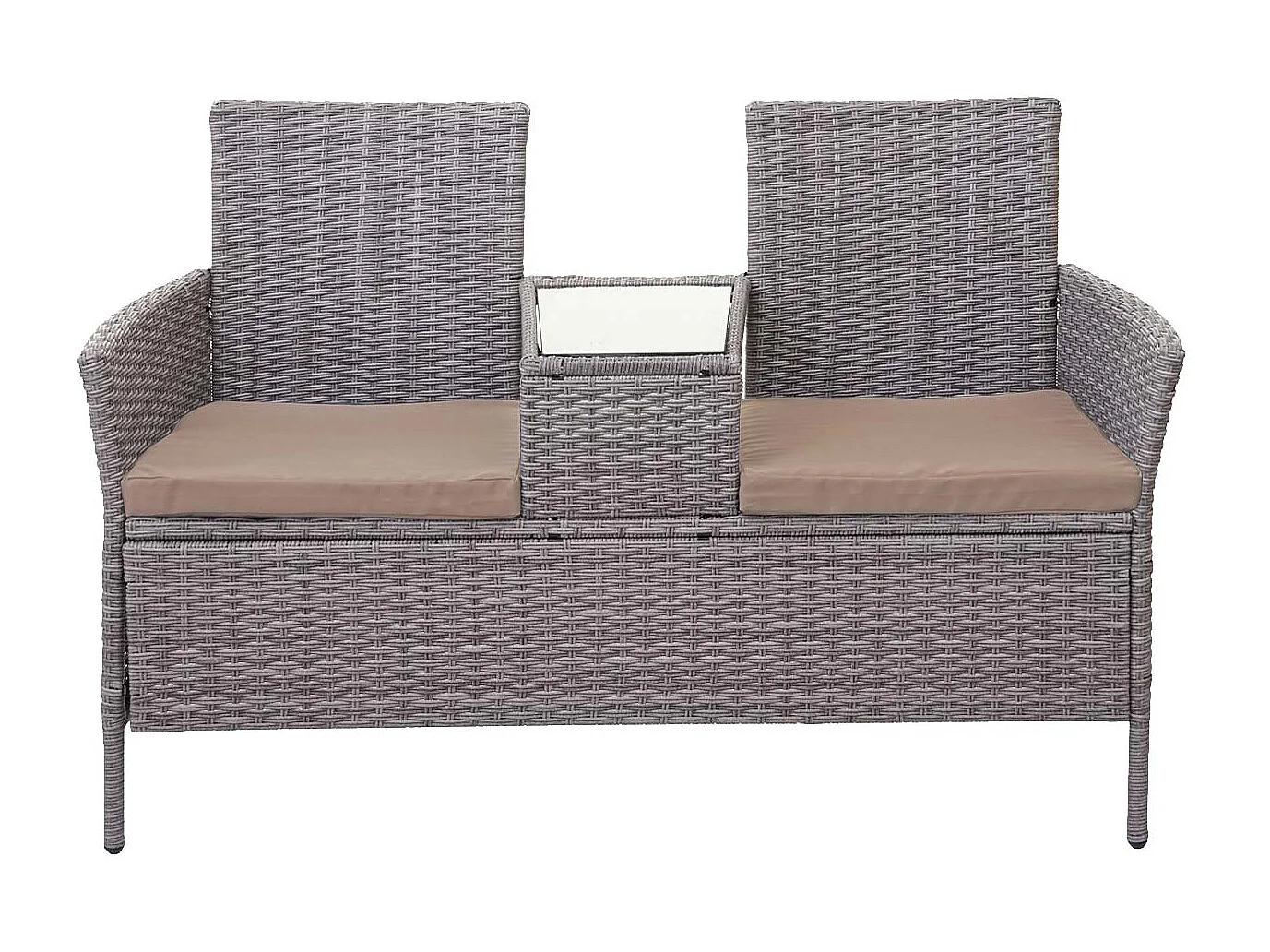 Banco de polirratán con mesa MCW-E24,  gris, cojines crema